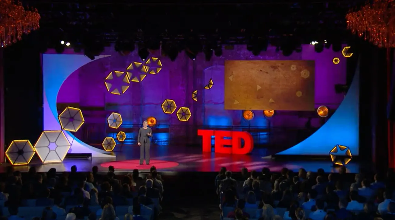 A TED Institute stage: a speaker before the audience, geometric forms lit in color behind the TED letters